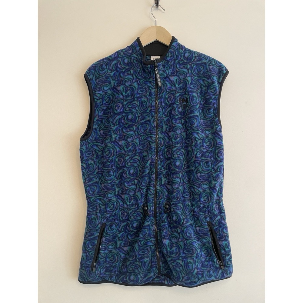Vtg In Sport Fleece Vest Women Large Full Zip Green Purple Print Pocket Cinch